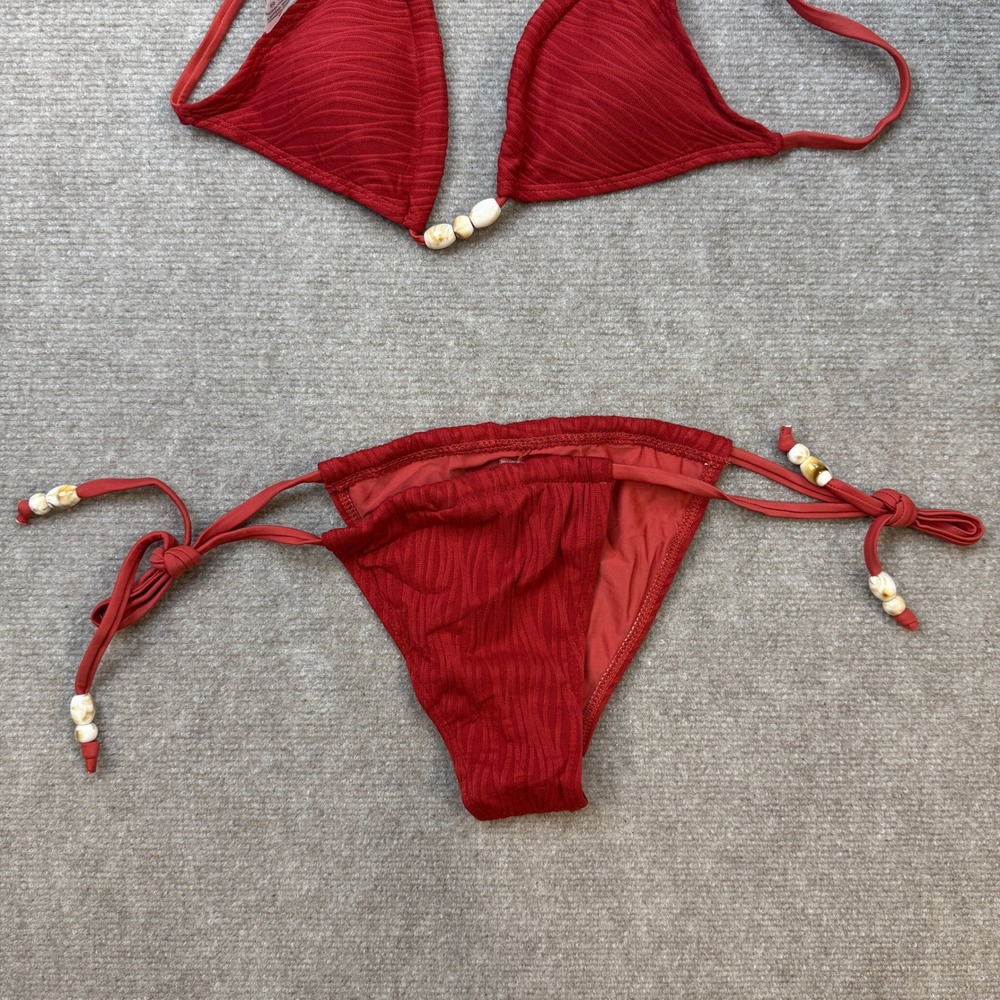 MSRP $46 seamoly Women's XS Red Bikini Set Ribbed Beaded Adjustable Spaghetti - Picture 8 of 11